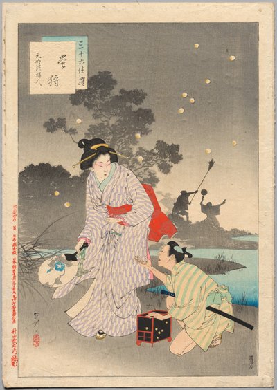 Perseguindo vaga-lumes, uma senhora da era Tenmei 1781-1789 ..., 1894. de Mizuno Toshikata