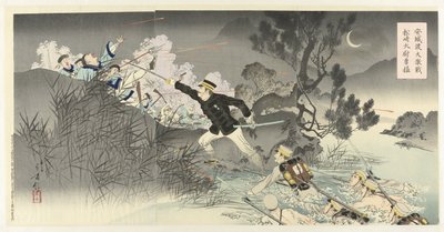 A batalha feroz no rio Ansung, o heroísmo do capitão Matsuzaki Anjô no watashi daigekisen Matsuzaki Taii yûmo (título no objeto) de Mizuno Toshikata