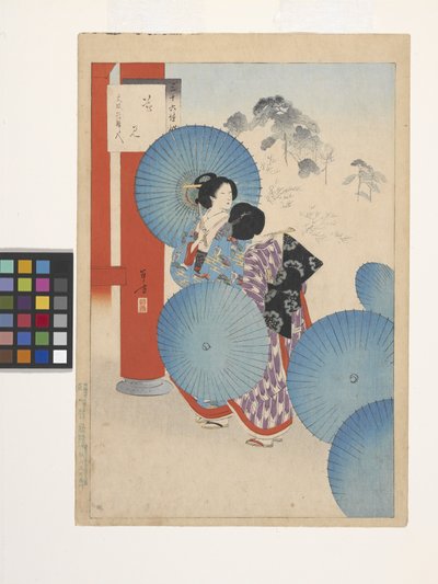 Vista de flores, Ladies Of The Bunsei Era (impressão a cores de bloco de madeira) de Mizuno Toshikata