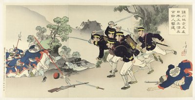 Na região de Chinchon, cinco engenheiros militares expulsam mais de uma centena de soldados chineses Chinsen chihô ni gomei no Nihon kôhei Shinhei hyakuyonin kitai de Mizuno Toshikata