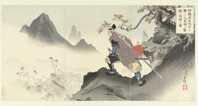 Kato Kiyomasa destruindo e capturando o palácio de Orangai rolando uma pedra. Kato Kiyomasa oishi korogashite Orankai no kenjo ou uchiyaburu zu. (título no objeto) de Mizuno Toshikata