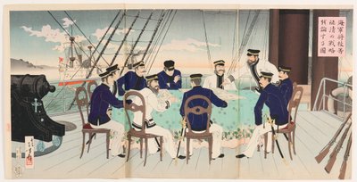 Oficiais navais discutindo estratégias de combate para a subjugação da China de Mizuno Toshikata