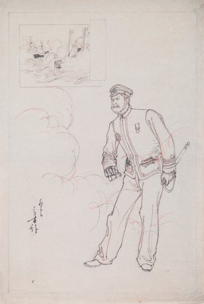 Desenho Preparatório para uma Impressão em bloco de madeira representando um Oficial Naval japonês durante a Guerra Sino-Japonesa de Mizuno Toshikata