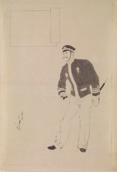 Desenho preparatório para uma impressão em xilogravura representando um oficial da marinha japonesa durante a Guerra Sino-Japonesa de Mizuno Toshikata