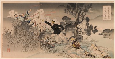 A bravura do capitão Matsuzaki durante a Grande Batalha Feroz em Anseong Crossing Anjōto daigekisen Matsuzaki taii yūmō de Mizuno Toshikata