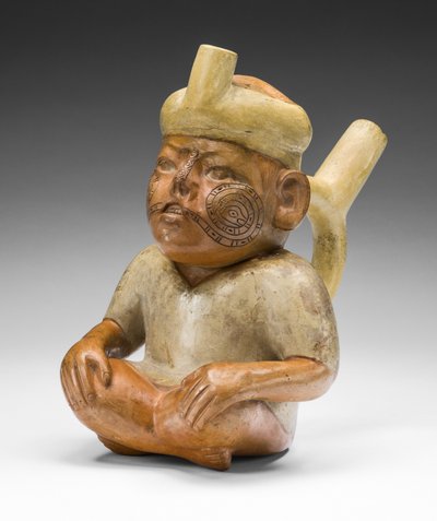 Embarcação de retratos de um homem com fenda labial e tatuagens, 100 AC-500 DC de Moche
