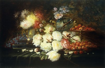 Natureza morta com rosas, crisântemos, uvas e morangos de Modeste Carlier