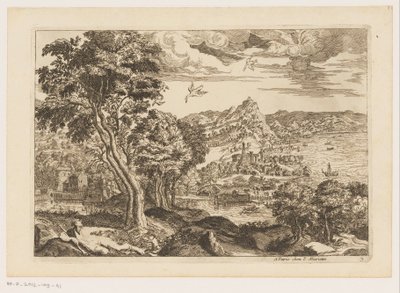 Paisagem costeira com pássaros voando Paisagens após Ticiano (título da série) de Moise Jean Baptiste Fouard