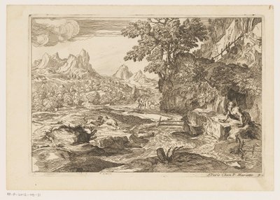 Paisagem com São Jerônimo com dois leões de combate Paisagens após Ticiano (título da série) de Moise Jean Baptiste Fouard