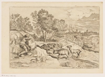 Paisagem com três pastores descansando com um rebanho Paisagens após Ticiano (título da série) de Moise Jean Baptiste Fouard