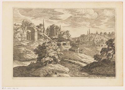 Paisagem com ruínas e veados Paisagens após Ticiano (título da série) de Moise Jean Baptiste Fouard