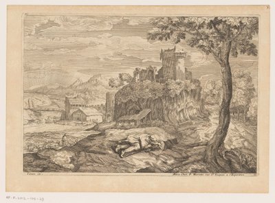 Paisagem com pastor em repouso, no fundo um rio com ponte e moinho de água
Landscapes after Titian (título da série) de Moise Jean Baptiste Fouard