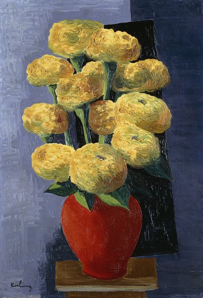 Flores amarelas num vaso vermelho; Fleurs Jaunes dans un Vase Rouge de Moise Kisling