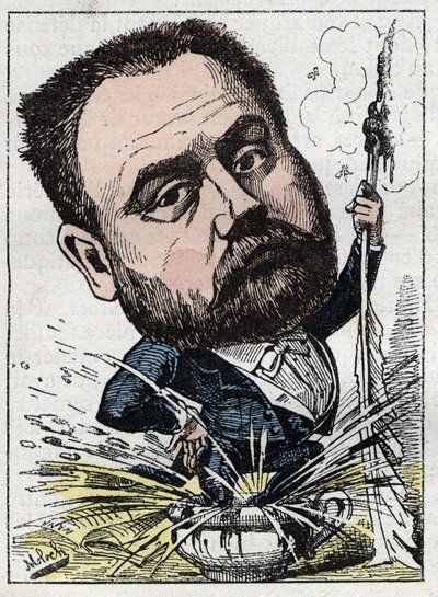 Retrato de Emile Zola (1840-1902) escritor francês em "Le Trombinoscope" de Touchatout, caricatura de B. Moloch de 1882 (1849-1909). Coleção particular. de Moloch