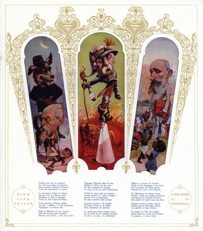 Caricaturas; Louis Lepine, Prefeito de Paris; Georges Clemenceau, político francês e Primeiro Ministro; Raphael Millies-Lacroix, político francês e Ministro das Colónias (cor litho) de Moloch