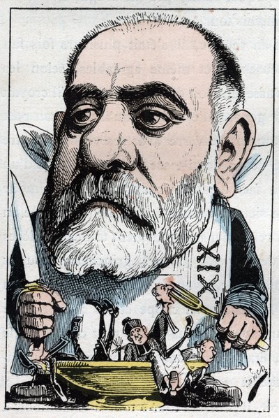 Desenho animado com a crítica dramática Francisque Sarcey (1827-1899) de Moloch