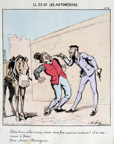 ELE. EX. EX. Motoredons: Desenho animado do transporte na cidade. Um burguês pede educadamente a um cocheiro que o conduza enquanto o ameaça com armas. Desenho de Moloch (1849-1909), por volta de 1860. de Moloch