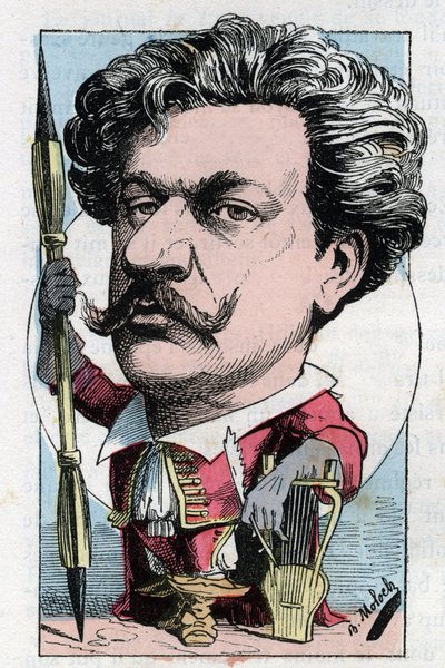 Retrato de Louis Alexandre Gosset de Guines dit Andre Gill (1840 - 1885) Pintor poeta francês em "Le Trombinoscope" de Touchatout, cartoon de B. Moloch de 1882 (1849-1909). Coleção particular. de Moloch