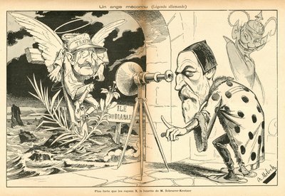 The Image for Laughter, número 4, cerca de 1897_11_13 - Ilustração de Alphonse Hector Columbus, conhecido como B. Moloch ou Moloch (1849-1909): Um anjo desconhecido - caso Dreyfus, Ilha do Diabo - Dreyfus Alfred, Scherer-Kestner Auguste de Moloch