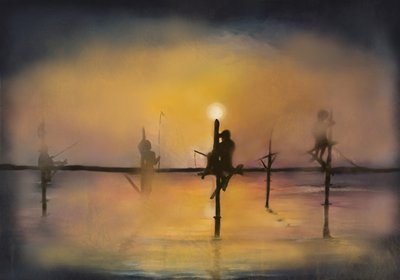 Pescadores em palafitas ao pôr do sol de Monica Lindblom