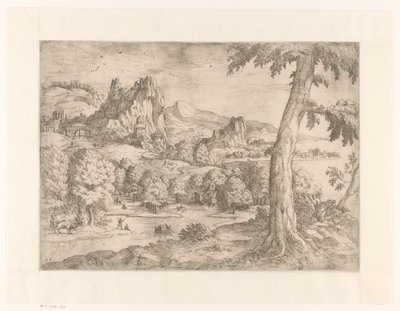 Paisagem panorâmica com grande árvore de Monogrammist DB (etser 16de eeuw)