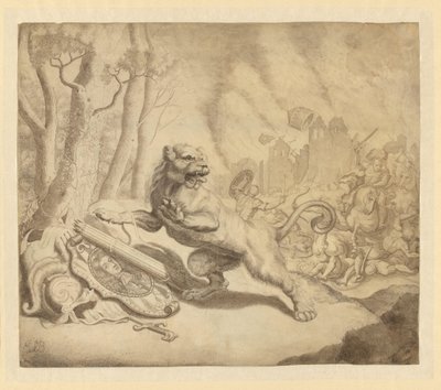 O leão holandês procura a ajuda de Guilherme III, 1672 de Monogrammist ESB (tekenaar) (signed by artist)