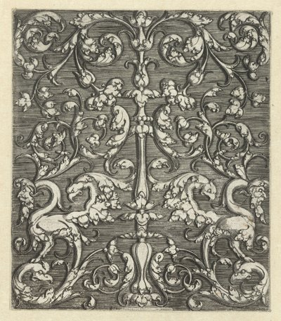 Ornamento com dois animais de fantasia e candelabro de Monogrammist IG