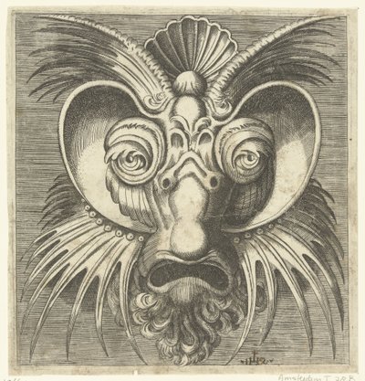 Máscara com pires à volta dos olhos e tufos pontiagudos nas bochechas e na testa
Libro di variate mascar (...) (título da série) de Monogrammist IHS