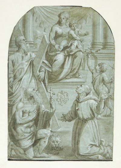Maria com o menino Jesus entronizado, rodeada pelo apóstolo André, João Batista quando criança, São Jerônimo e São Francisco de Assis de Moretto da Brescia