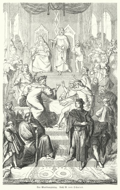 O Sangerkrieg, um concurso entre trovadores no castelo de Wartburg, na Turíngia, em 1207 (gravação) de Moritz Ludwig von (after) Schwind