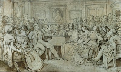 Uma noite na casa do Barão Spaun, Schubert ao piano, o tenor Johann Michael Vogl a cantar ... (tinta, sépia) de Moritz Ludwig von Schwind