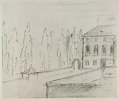 Fachada da Haus zum goldenen Mondschein perto da Karlskirche, Viena, onde Schwind viveu ... de Moritz Ludwig von Schwind