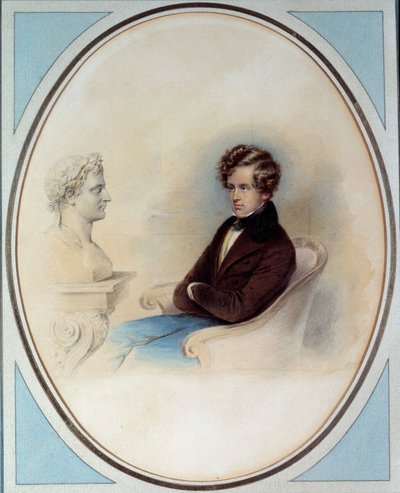 Retrato do Rei de Roma Napoleão II, Duque de Reichstadt (1811-1832), filho do Imperador Napoleão I (1769-1821), em frente ao busto do seu pai Impressão de Moritz Michael Daffinger (1790-1849) Colecção privada do século XIX de Moritz Michael Daffinger