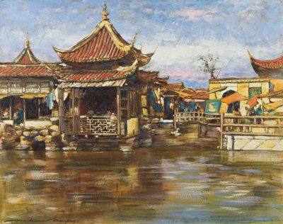 Uma casa de chá, Xangai, c.1909 (guache e óleo a bordo) de Mortimer Ludington Menpes