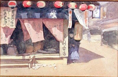 Fora de uma casa de chá, Japão, c.1887-88 (aguarela no cartão) de Mortimer Ludington Menpes