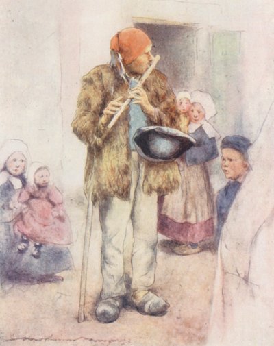 O Flautista Cego (litografia a cores) de Mortimer Ludington Menpes