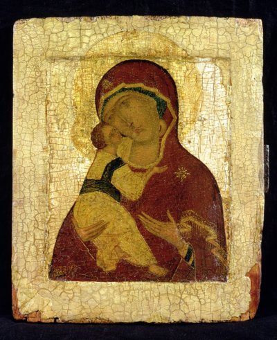 Ícone da Virgem de Vladimir (folha de ouro e têmpera no painel) de Moscow School