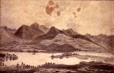 Vista panorâmica de Derwentwater e do Vale de Keswick, detalhe do extremo norte de Derwent Water, c.1772 (lápis e lavagem em papel) (ver 92086 e 92088-91) de Moses (attr. to) Griffith