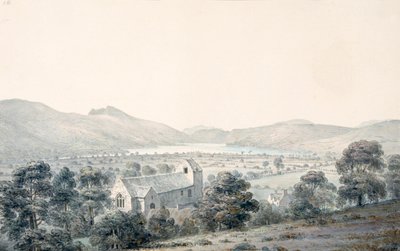Vista da piscina de Bala, Llyntagit, a partir da igreja de Llanfawr, Meirionethshire de Moses Griffith
