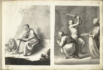São Jerônimo no deserto e decapitação de João Batista de Moses ter Borch (signed by artist)