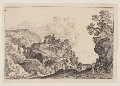Paisagem rochosa com três viajantes de Moses van Uyttenbroeck