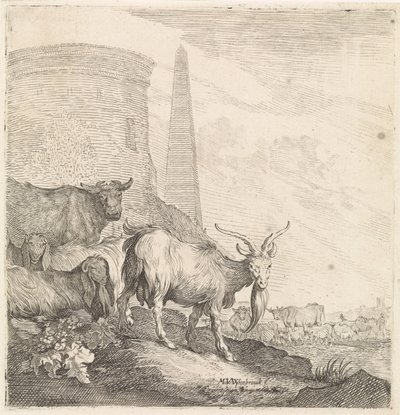 Cabras e vacas por uma torre redonda com um obelisco Animais de quatro patas (título da série) de Moyses van Wtenbrouck