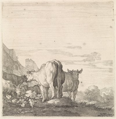 Vacas e cabras em uma paisagem com casas Animais de quatro patas (título da série) de Moyses van Wtenbrouck