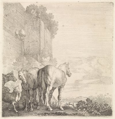 Dois cavalos com cabras e uma vaca em um muro alto (da cidade) Animais de quatro patas (título da série) de Moyses van Wtenbrouck