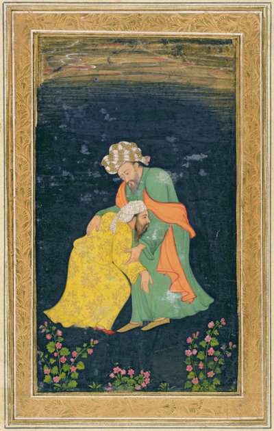 Um mulá curvando-se para um homem vestido iraniano que o levanta de sua súplica, do Small Clive Album (wc no papel) de Mughal School
