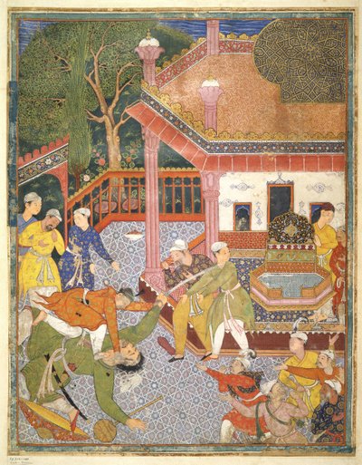 Um herói mata um gigante diante de uma multidão de espectadores em um pátio, ilustração do Hamza Nama, c.1555-67 (bodycolour on cotton) de Mughal School