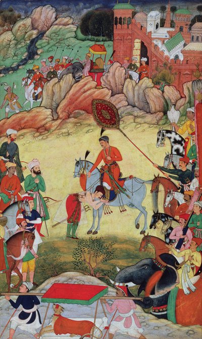 Adham Khan prestando homenagem a Akbar em Sarangpur, na Índia Central, em 1560 ou 1561, do Akbarnama, 1590-98 de Mughal School