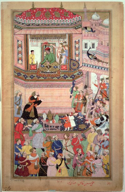 Akbar numa audiência, de Husays Naggash e Kesu, do "Akbarnama", Mughal, c.1590 de Mughal School