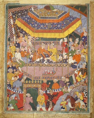 Alamshah conversa com Qubad, ilustração do Hamza Nama, c.1555-57 (bodycolour em algodão) de Mughal School