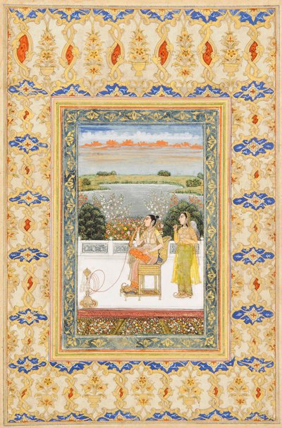 Página do álbum: Gulbadan Begum fumando em um terraço, Delhi, c.1800 de Mughal School